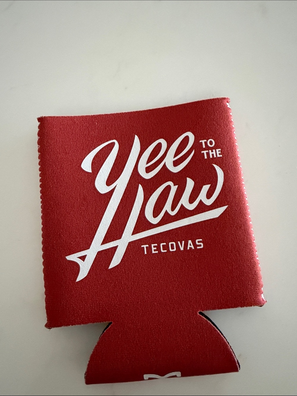 3/$20 Tecovas Red Can Cooler with White 'Yee to the Haw' Script
